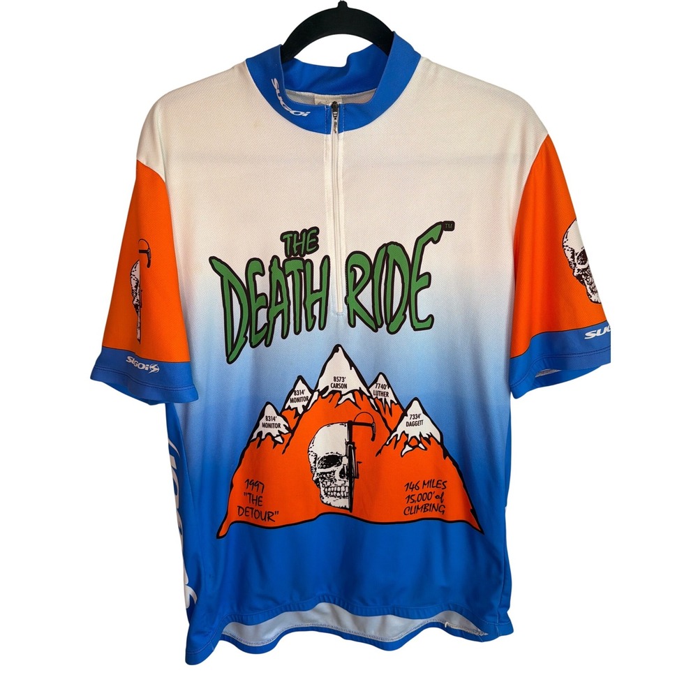 Vintage 1997 Sugoi The Death Ride Cycling Jersey Mens Blue Orange Skull L